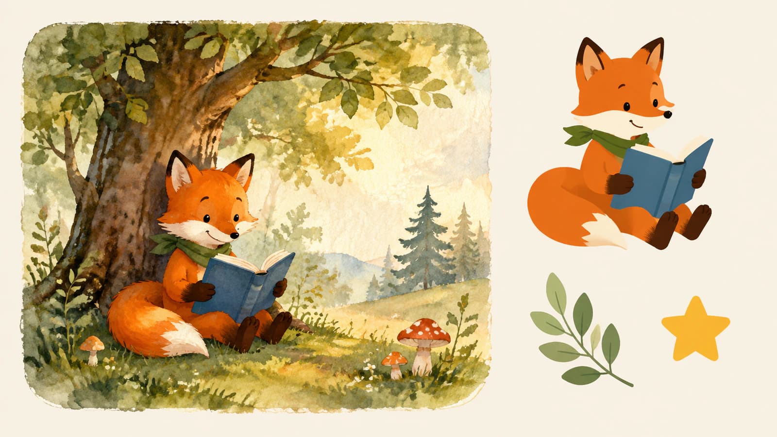 Conceptual illustration contrasting a watercolor fox reading beneath a tree with separate flat-color fox, leaf, and star motifs