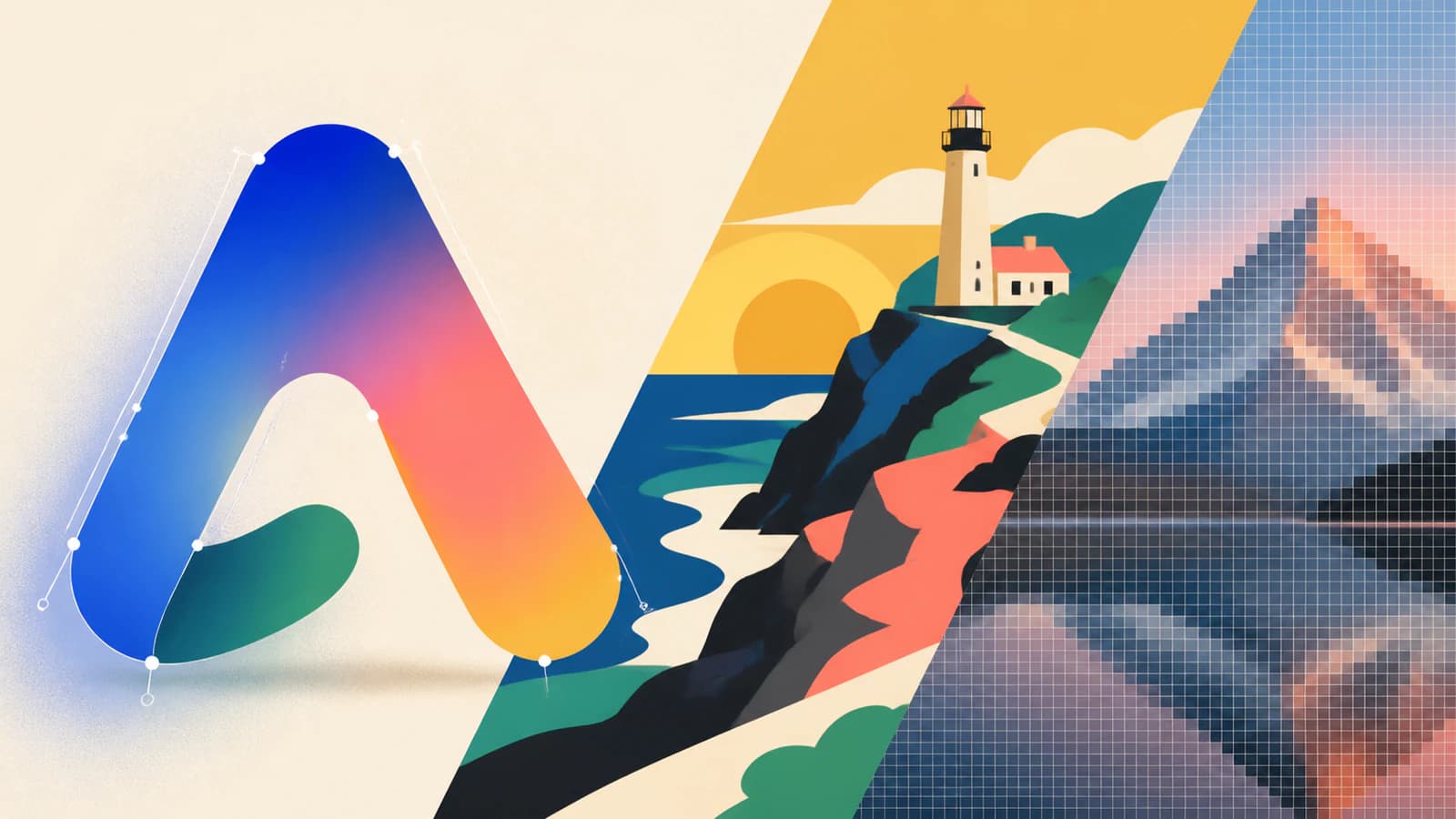 Conceptual illustration showing a simple logo rebuilt with a native gradient, a shaded illustration simplified into color regions, and a photo kept as raster
