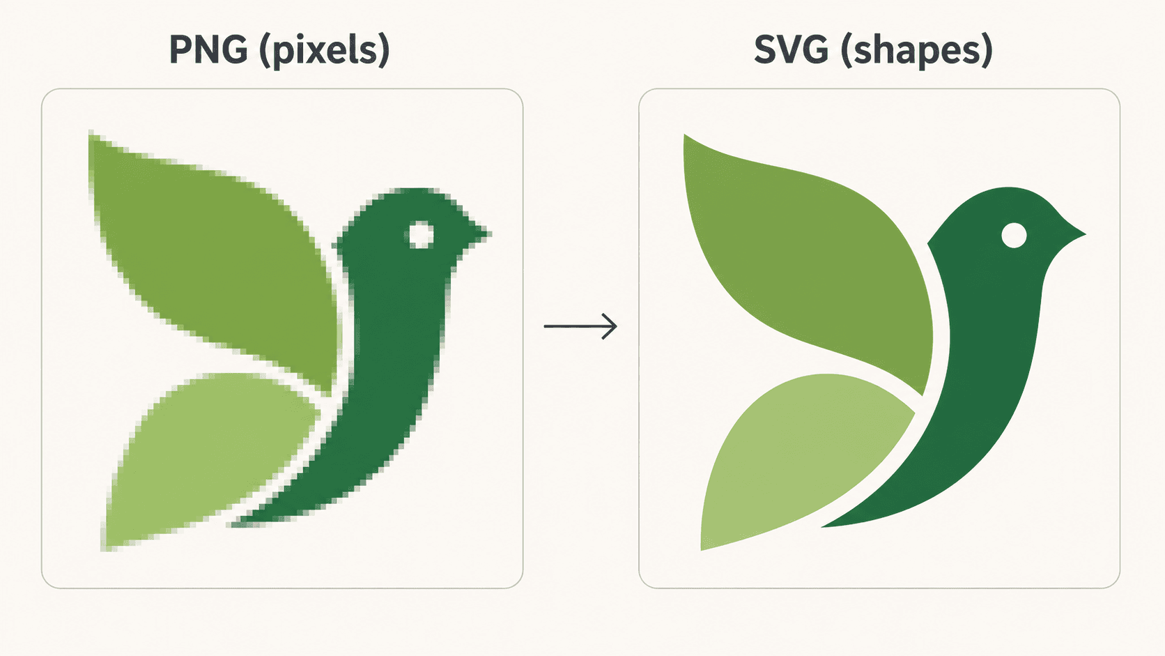 Un logo agrandi en PNG flou et pixellisé à gauche, face au même logo en SVG net à droite