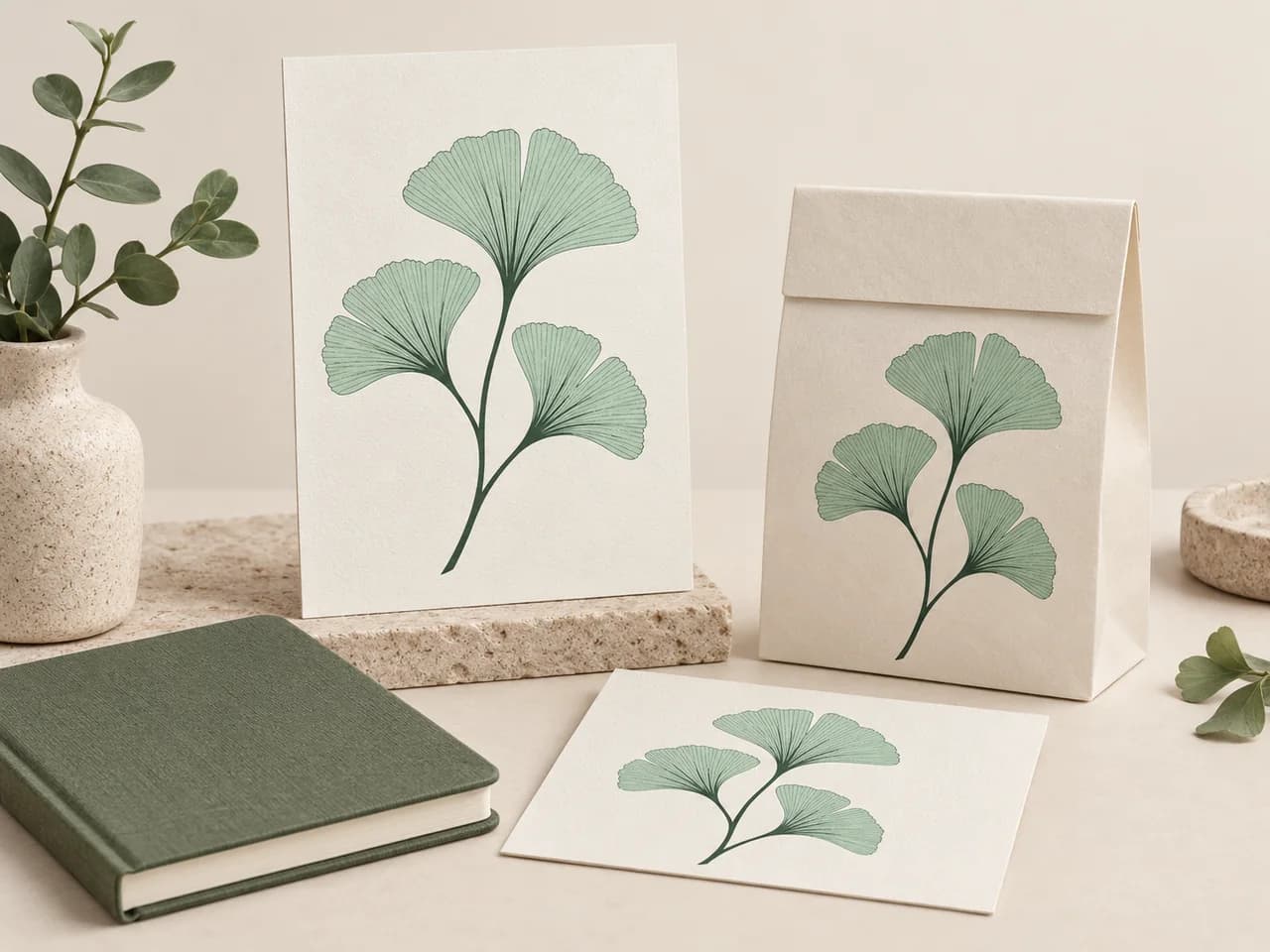 Mintfarbenes Ginkgo-Motiv auf einem elfenbeinfarbenen Kunstdruck, einer Papierverpackung und einer Karte in einem ruhigen Designstudio. Illustratives Projekt-Mockup.