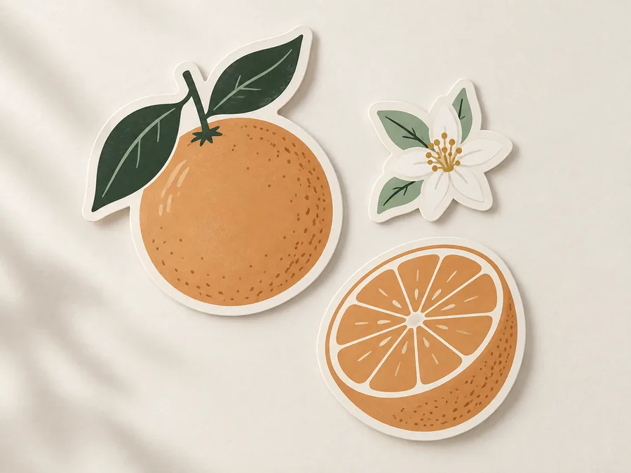 Illustrationen einer Orange, einer Zitrushälfte und einer Blüte auf ausgestanzten Papierstickern in gedeckten Farben. Illustratives Sticker-Mockup.