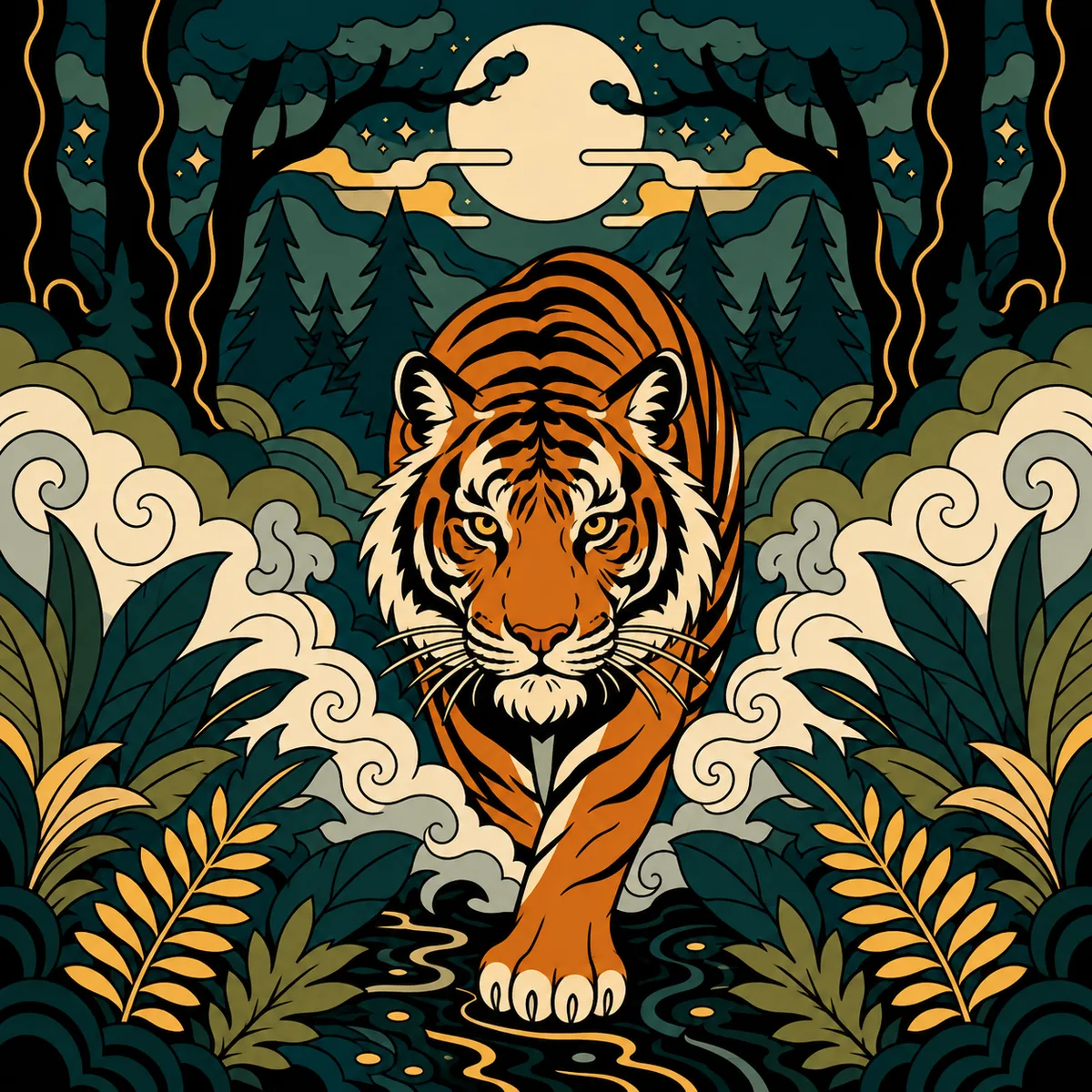 Illustrated tiger in the jungle — sample image to vectorize