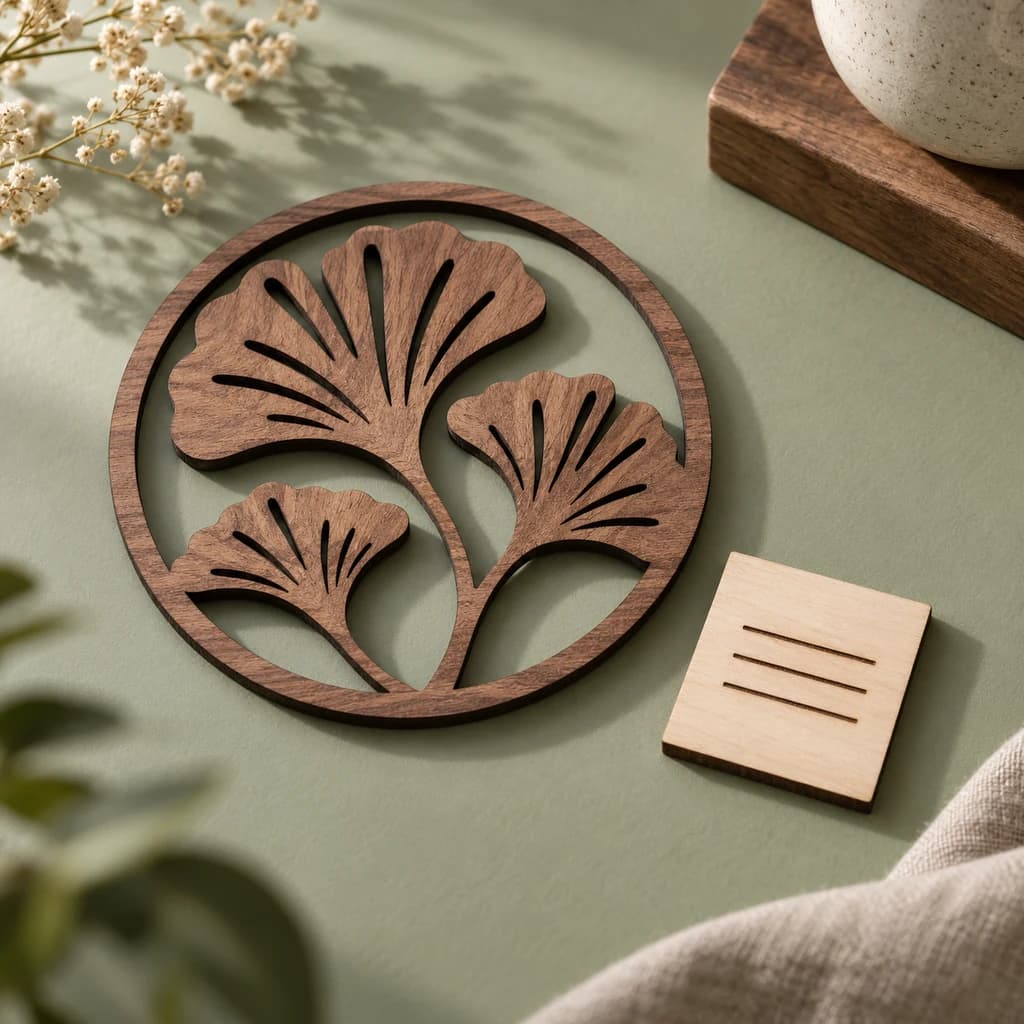 Illustratives Ginkgo-Ornament aus Walnussholz mit dunklen Schnittkanten neben einem Gravur-Teststück aus Birkenholz.