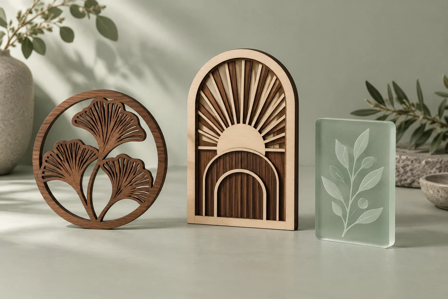 Illustratives Stillleben mit Ginkgo-Ornament aus Walnussholz, mehrlagigem Holzbogen und gravierter matter Acrylplatte auf salbeifarbenem Tisch.