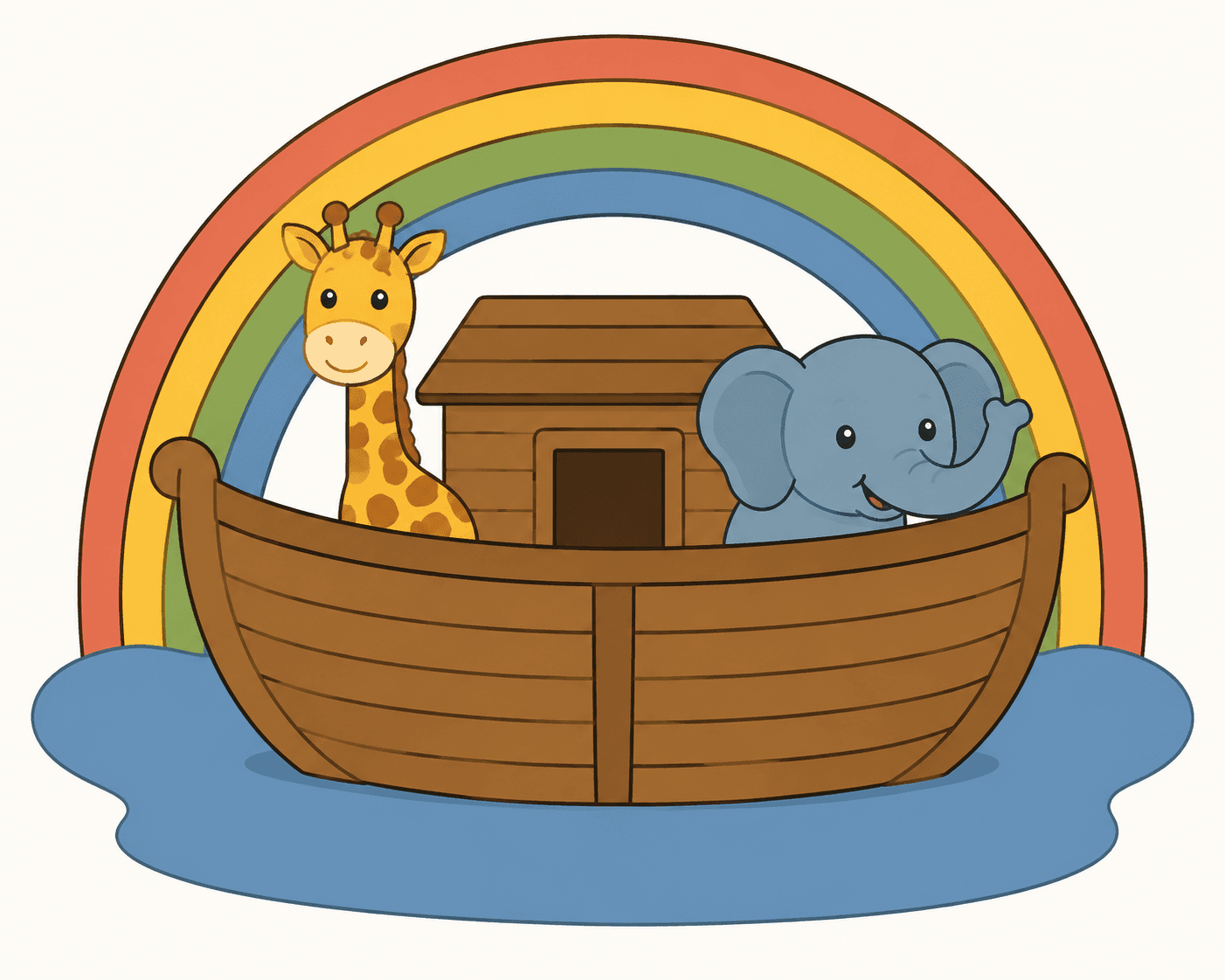 Original raster Sunday school illustration of Noah's ark, two animals, and a rainbow