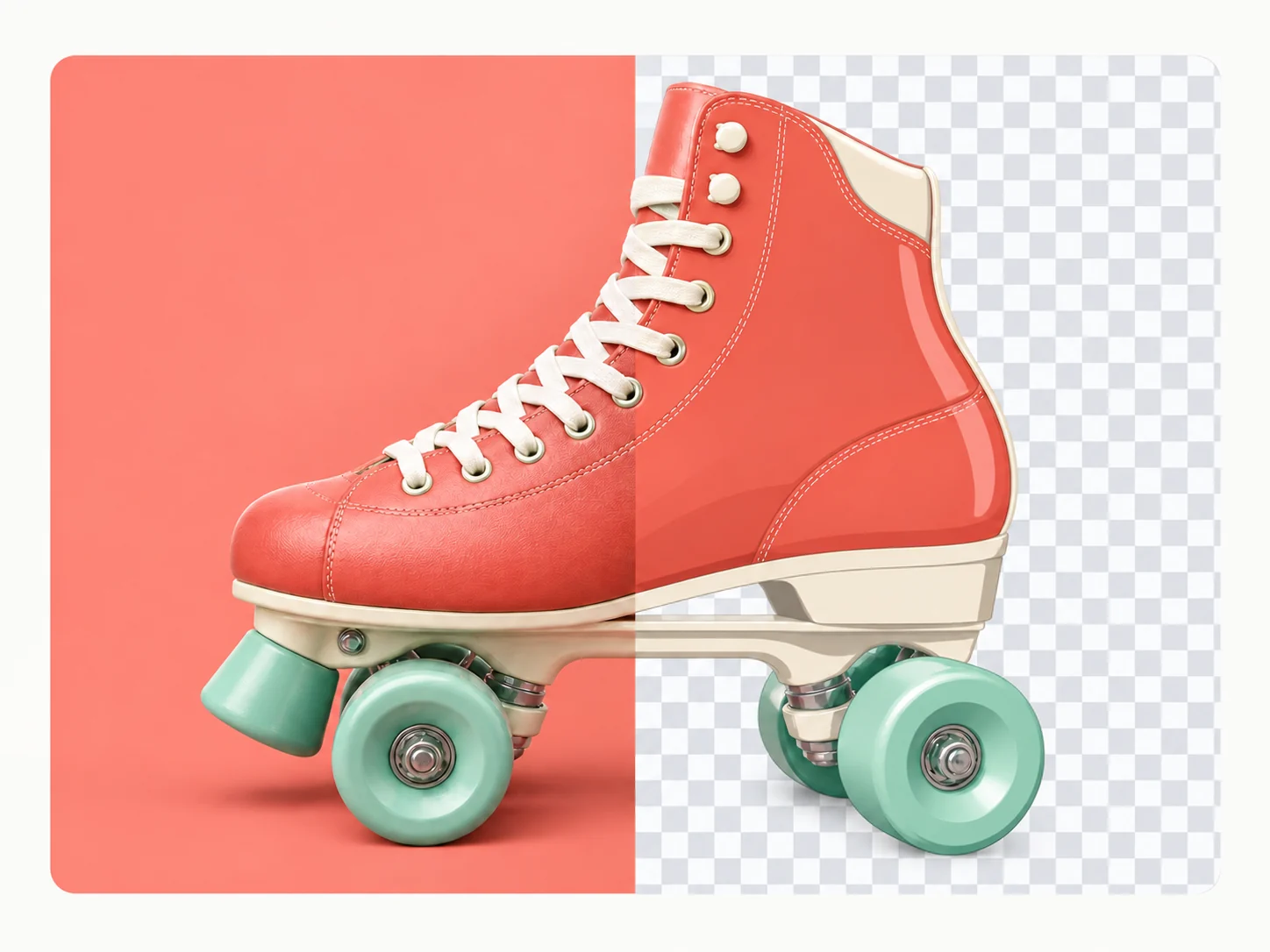 A coral roller skate spans a colored background and a transparency checkerboard, illustrating conversion and background removal.