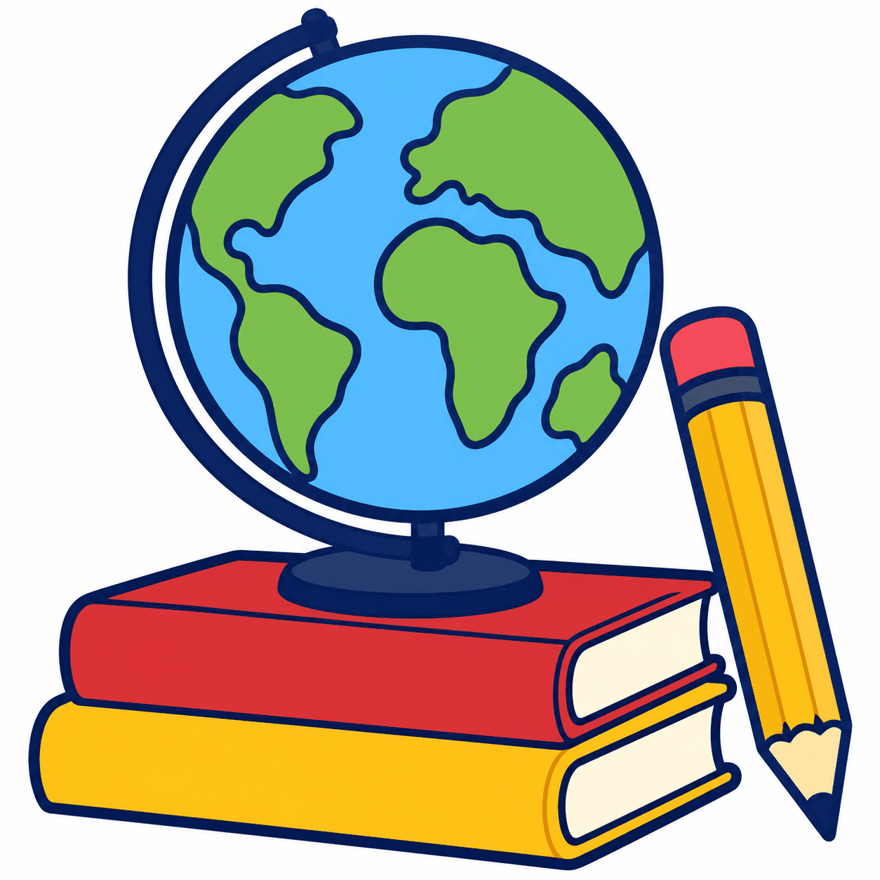 Clipart educativo rasterizado original de un globo terráqueo en dos libros al lado de un lápiz