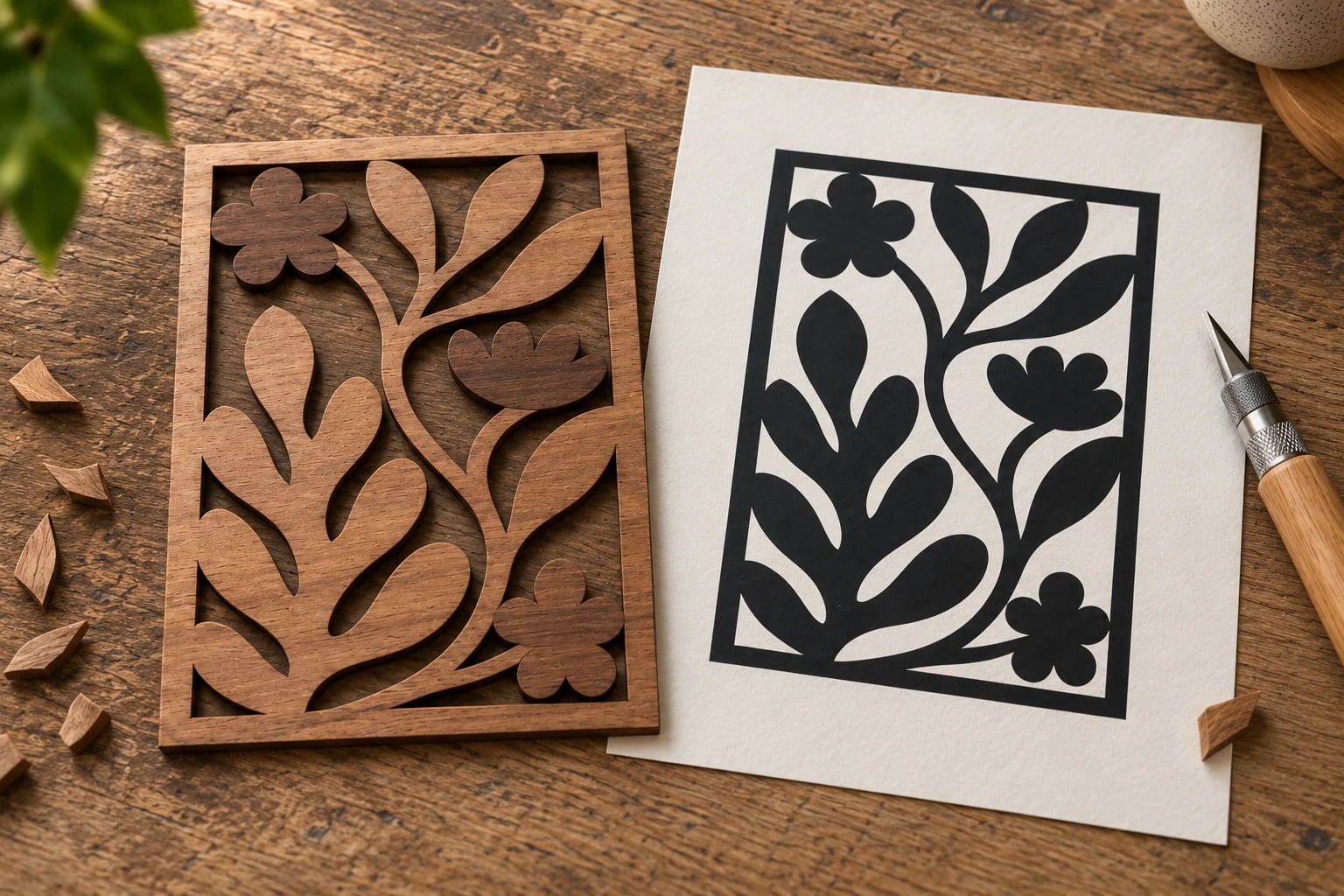 Craft mockup of a walnut botanical cut-out beside a matching black design on paper.