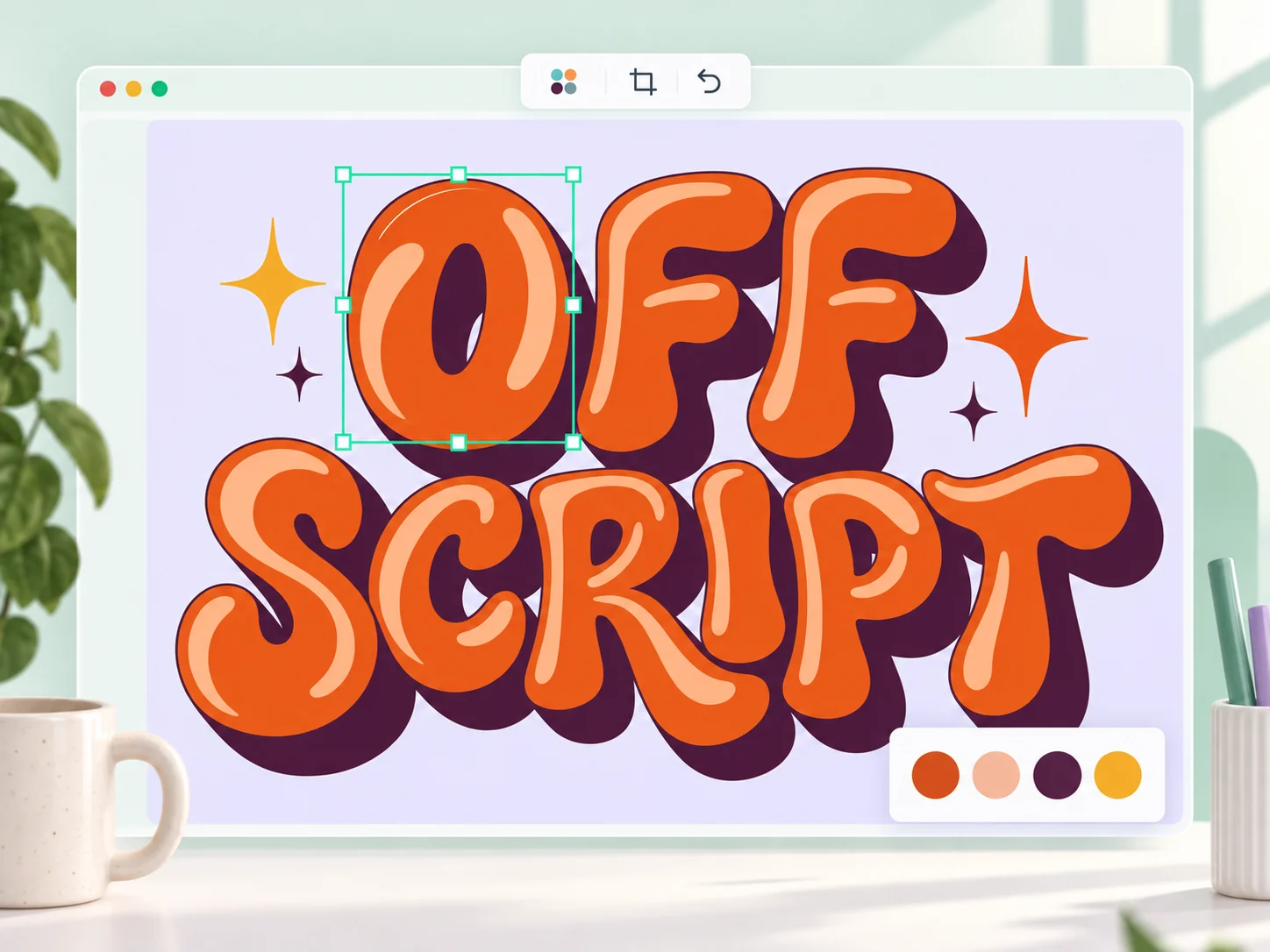 Illustration eines Vektoreditors mit orange- und pflaumenfarbenem Off-Script-Schriftzug, ausgewähltem Buchstaben und schwebender Farbpalette.