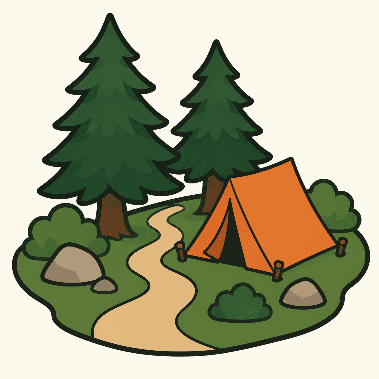 Arte original de la ubicación del juego de mesa raster mostrando un campamento forestal, tienda, árboles y sendero