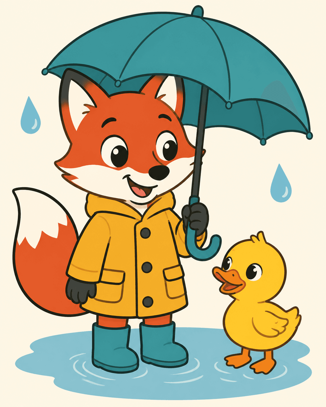 Original raster children's-book illustration of a fox in a raincoat beside a duck