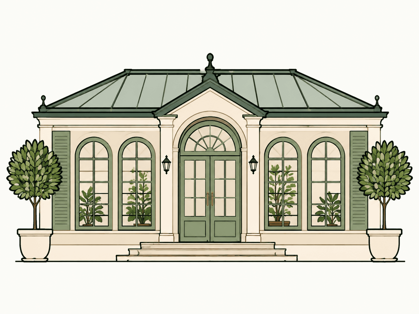 Original raster illustration of an invented garden conservatory with sage frames and two potted trees