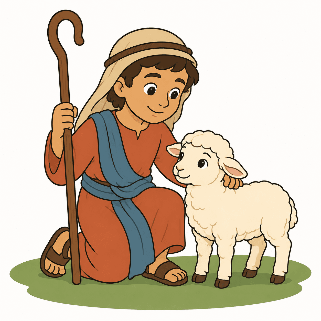 Original raster illustration of a young shepherd kneeling beside a lamb