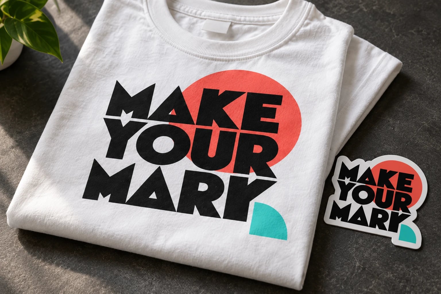 सूती टी-शर्ट और स्टिकर पर Make Your Mark डिज़ाइन वाला मॉकअप।