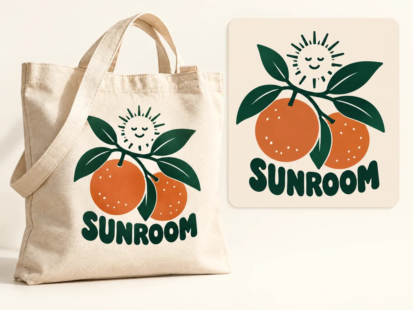 Una bolsa de lona Sunroom junto a su diseño de una naranja con hojas y una representación de su paleta digital de marca.