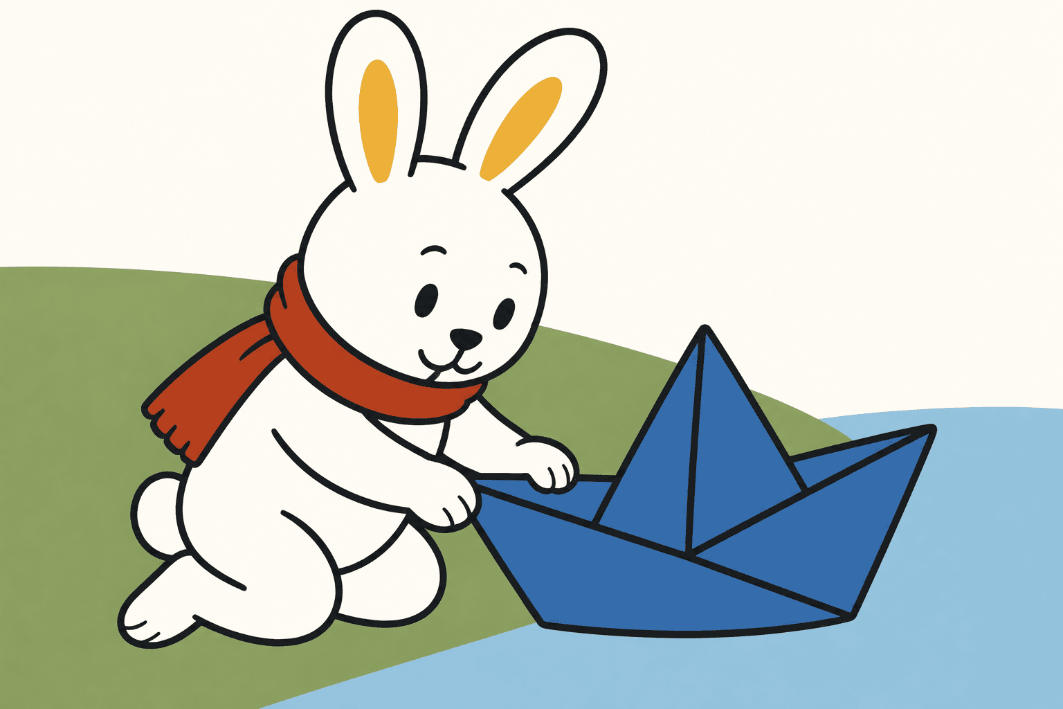 Original raster children's-book illustration of a white rabbit and blue paper boat