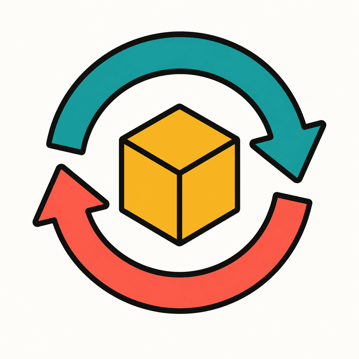 Icono original de comercio de juegos de mesa de tablero rasterizado con dos flechas alrededor de un cubo de recursos