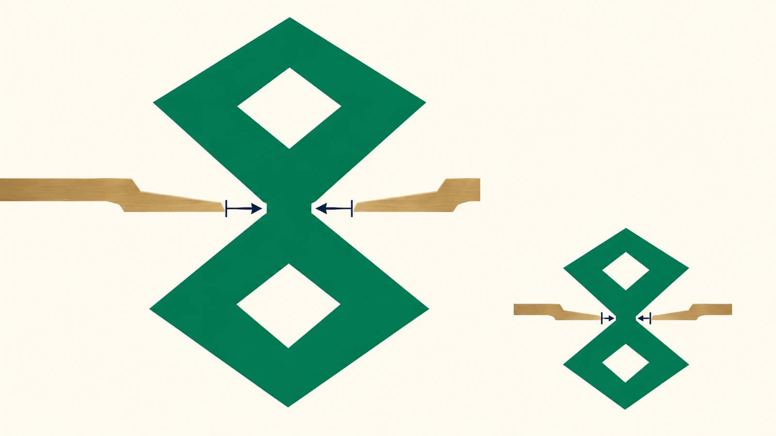 Illustration of the same geometric emblem at two sizes, with attention drawn to thin connections and small openings