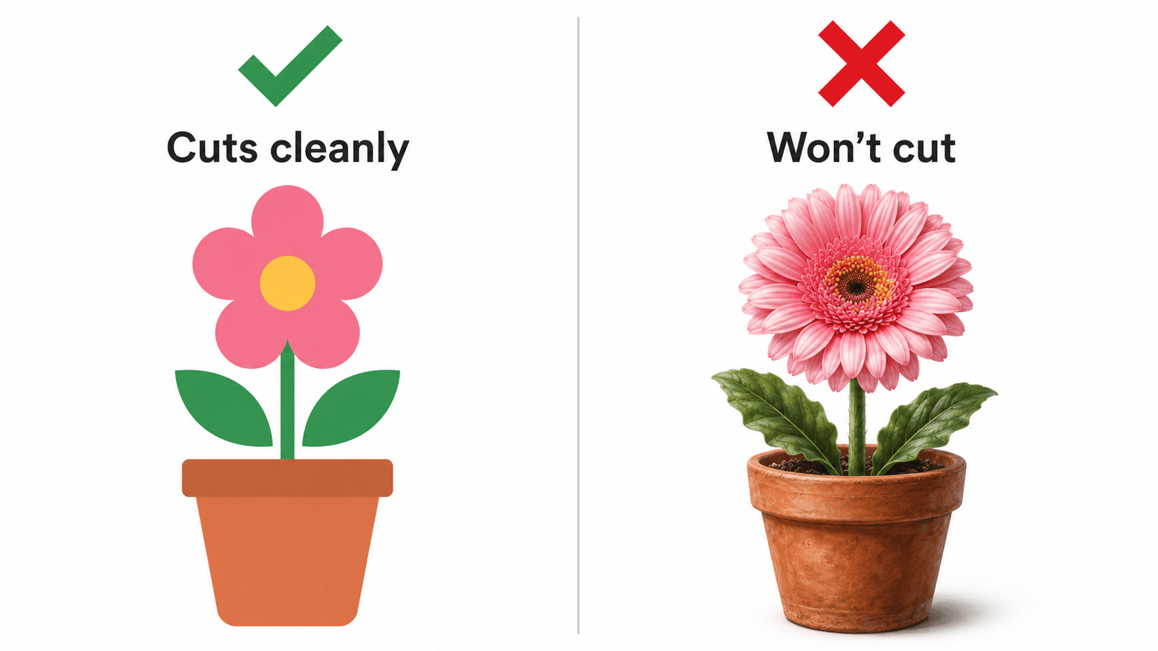Comparison diagram showing a flat few-color AI illustration that cuts cleanly next to a gradient-heavy painterly AI image that does not