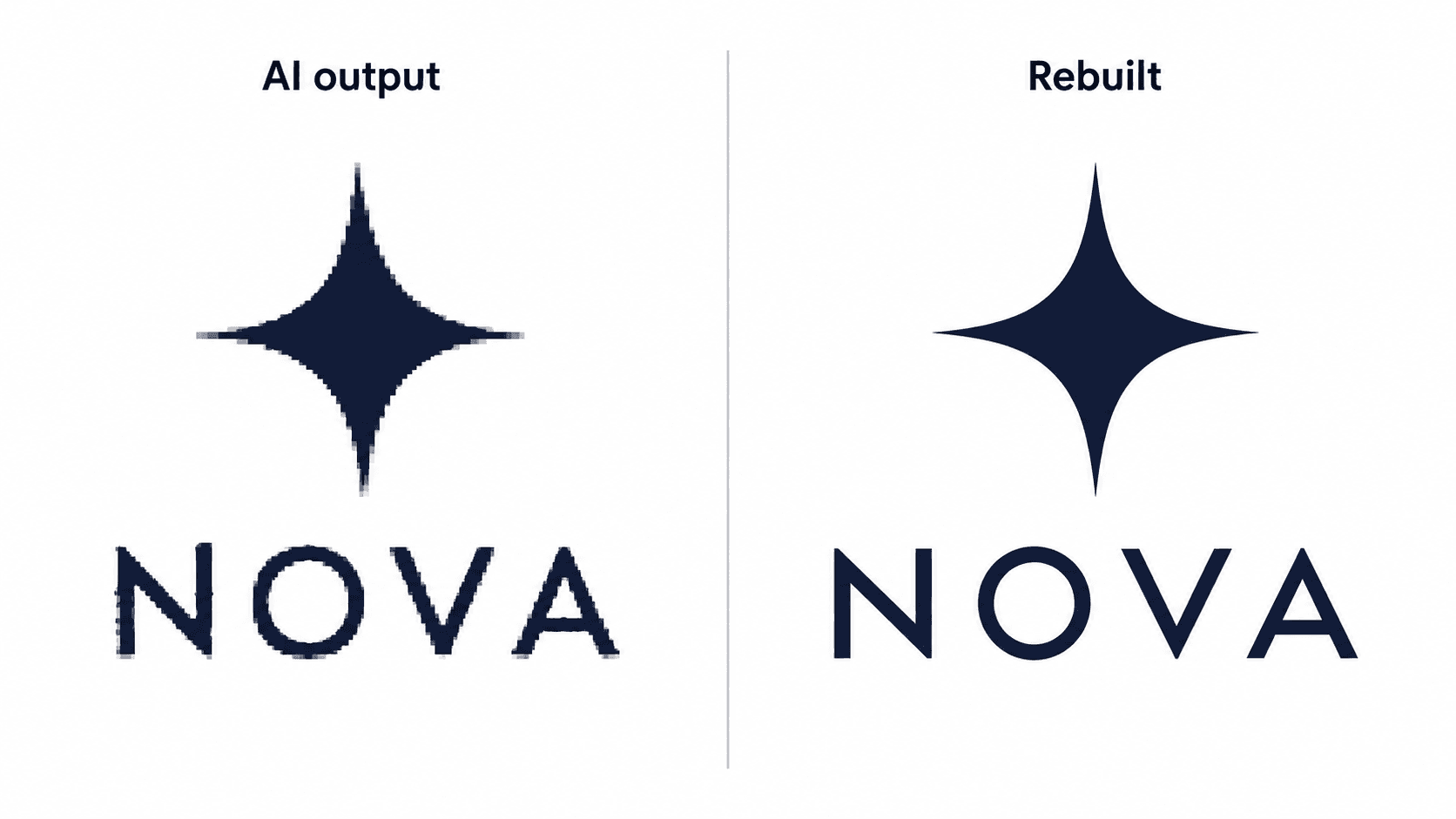 A pixelated AI-generated logo wordmark next to the same wordmark rebuilt cleanly in a real font