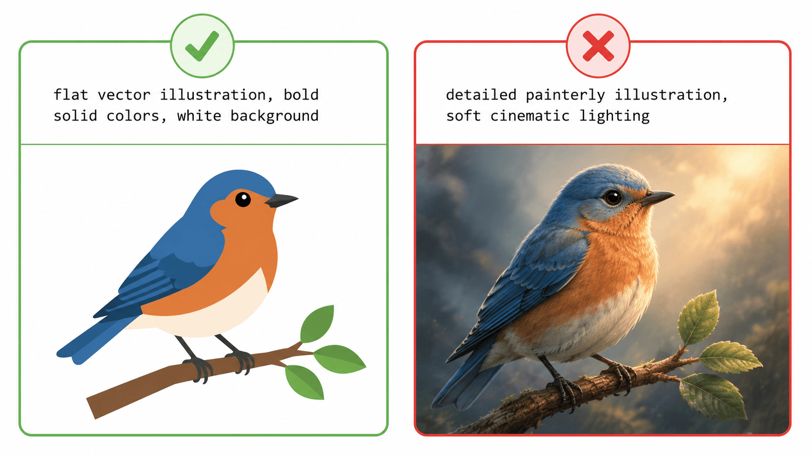 Two AI prompts and their results: a flat vector-style prompt that traces cleanly and a painterly prompt that does not