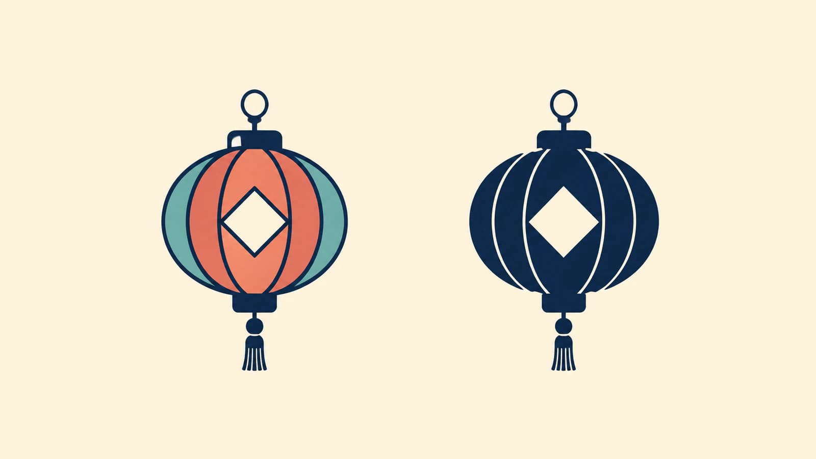 Conceptual illustration of a teal and coral lantern beside a navy lantern, both with a diamond-shaped opening and a tassel
