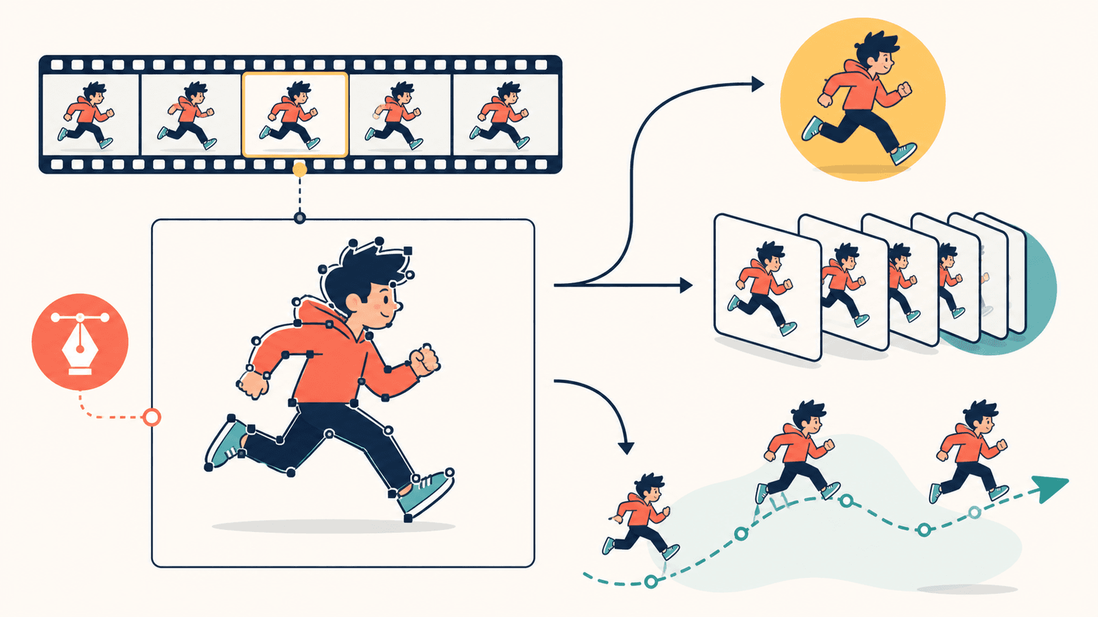 Conceptual diagram comparing a selected GIF frame traced into one still SVG, multiple traced frames arranged as a sequence, and reusable vector objects rebuilt with authored motion