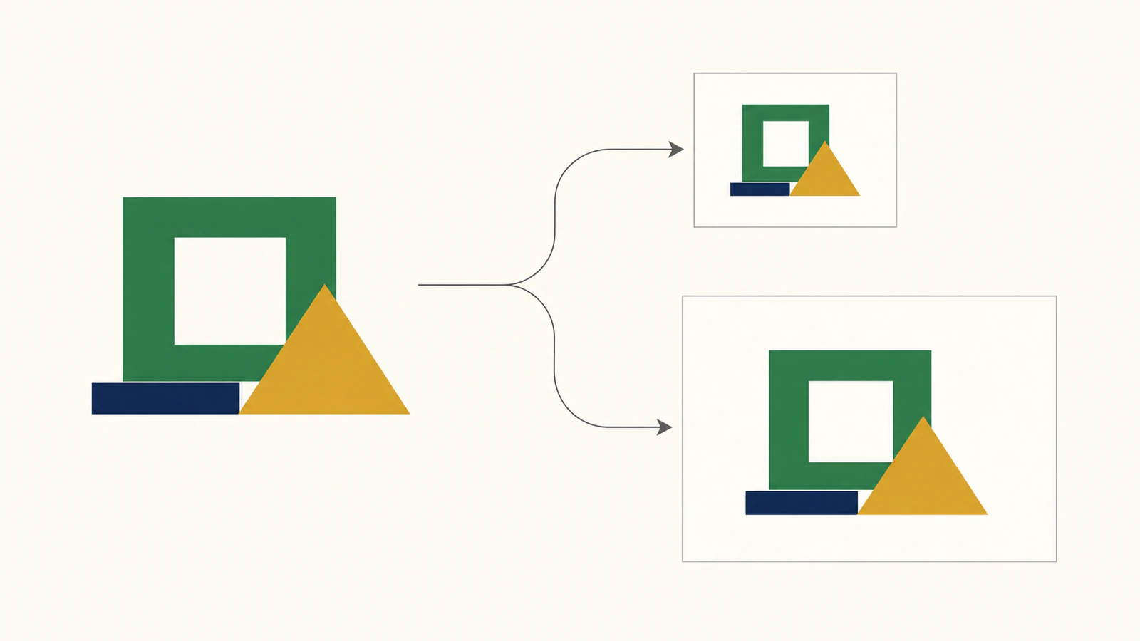 Illustration of one geometric emblem branching into two proportionally similar exports on different-size canvases