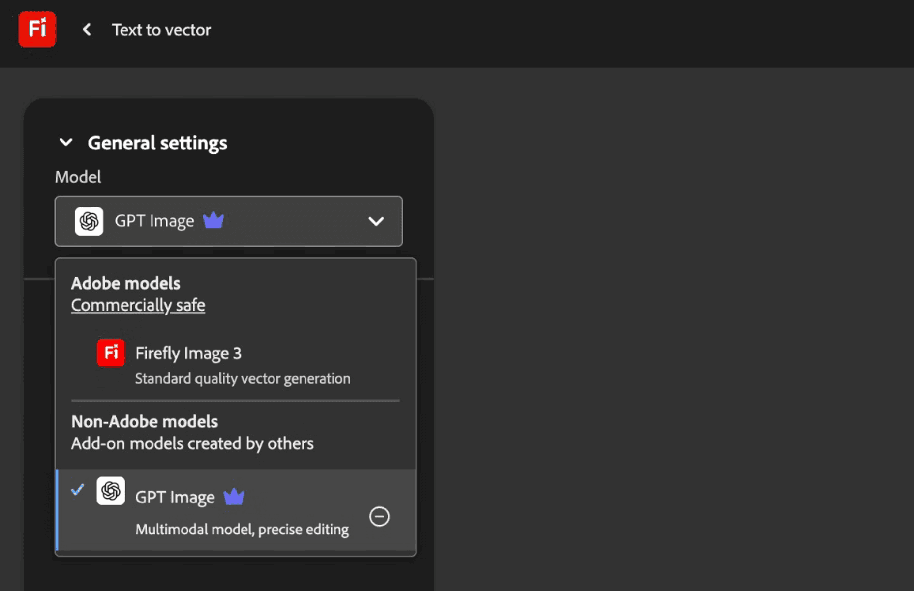 Adobe Firefly's model menu showing GPT Image selected alongside Adobe and partner image models
