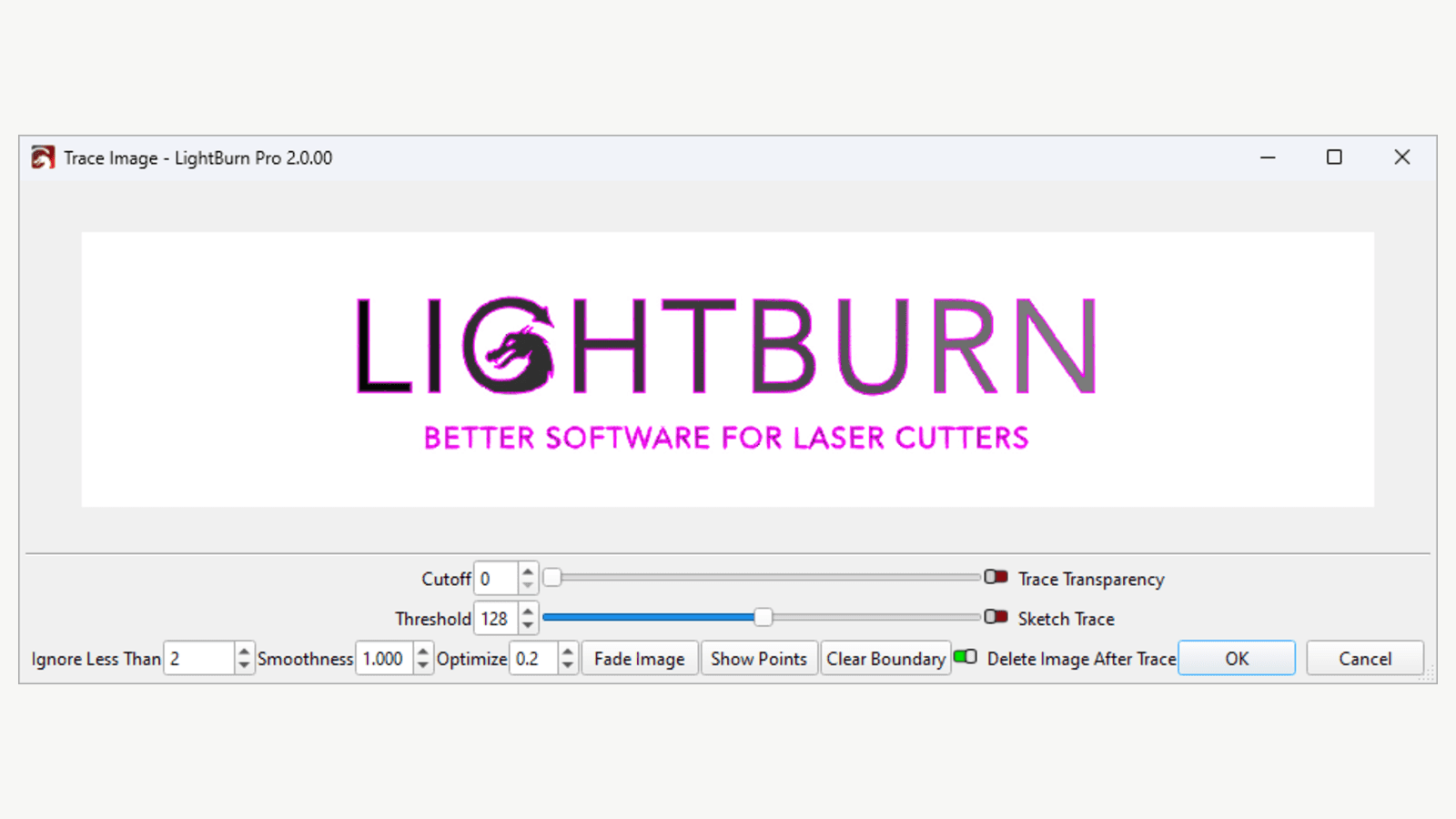 LightBurn Trace Image window showing the bitmap preview, purple vector outlines, Cutoff, Threshold, Ignore Less Than, Optimize, and Smoothness controls