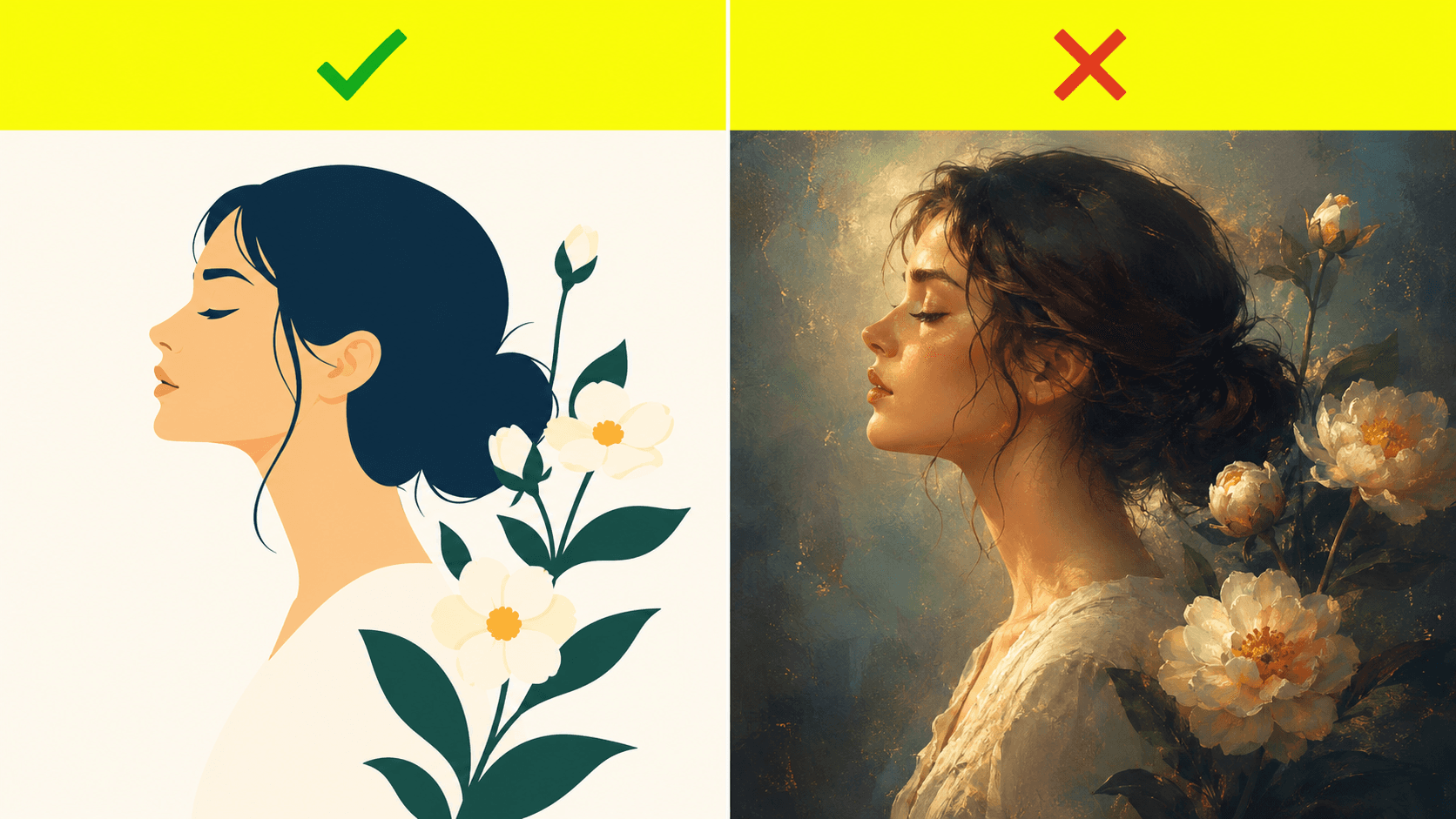 Comparison of a flat vector-style Midjourney image that traces cleanly next to a painterly, textured Midjourney image that does not