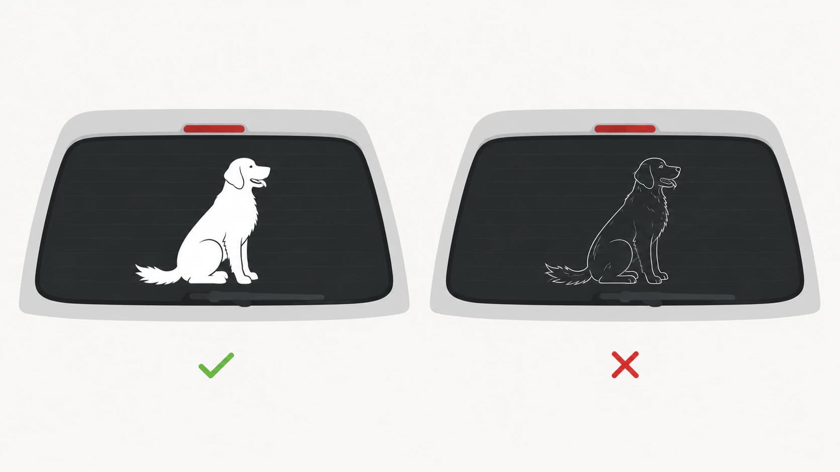 Zwei Versionen desselben Hundedesigns als Autoaufkleber: eine kräftige geschlossene Silhouette, die klar erkennbar bleibt, neben einer feinen detailreichen Version, die aus der Entfernung zerfällt
