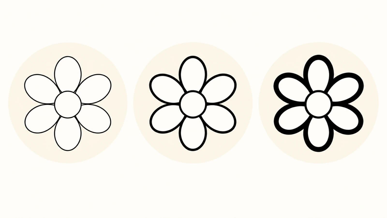 Illustration of the same flower with progressively heavier black outlines and smaller white spaces between its contours.