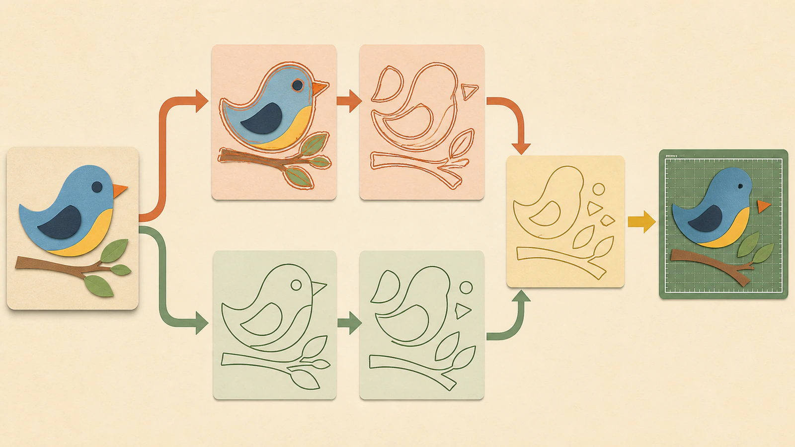 Conceptual workflow showing a raster image taking either a native trace route or a cleaned SVG route before the same cut-path and size audit