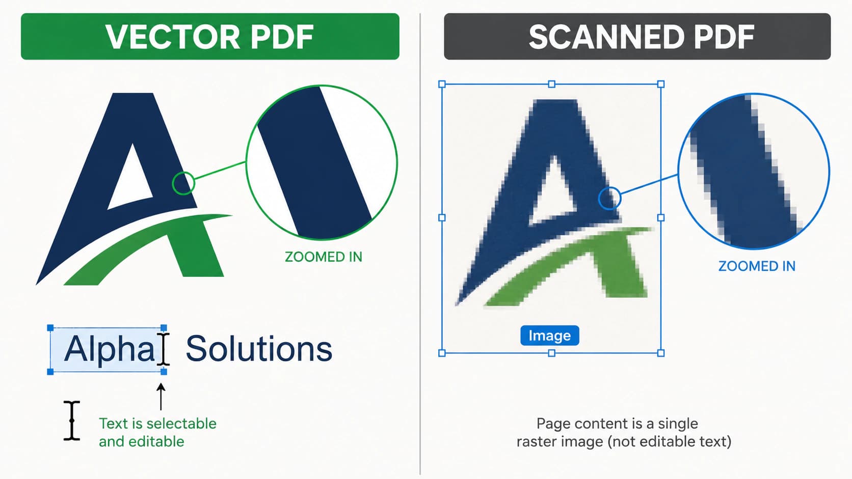 Side-by-side comparison of a vector PDF zoomed in with crisp sharp edges and a scanned PDF zoomed in showing soft pixelated edges