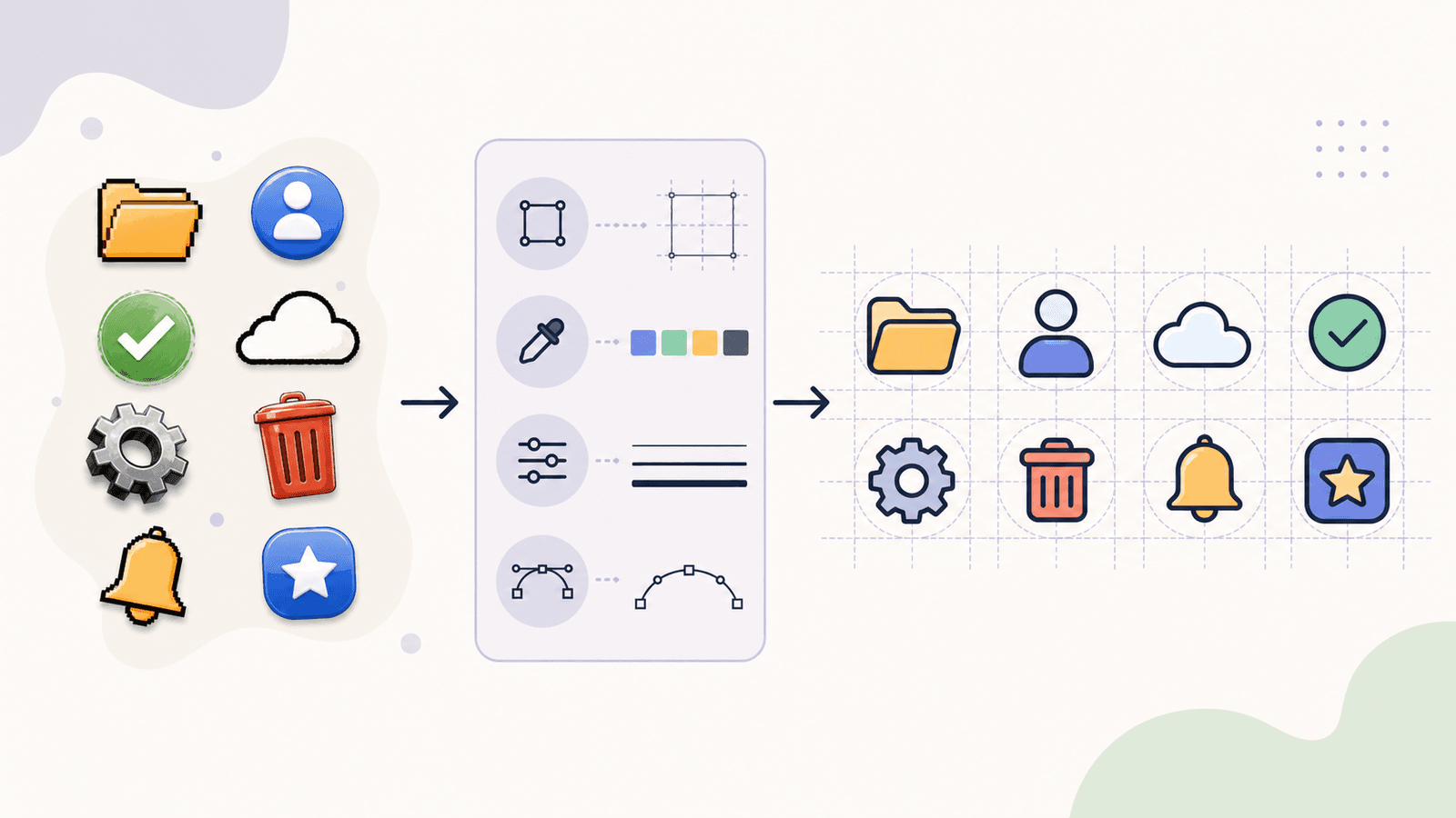 Conceptual workflow showing mismatched PNG icons becoming a coordinated SVG icon family on one shared grid