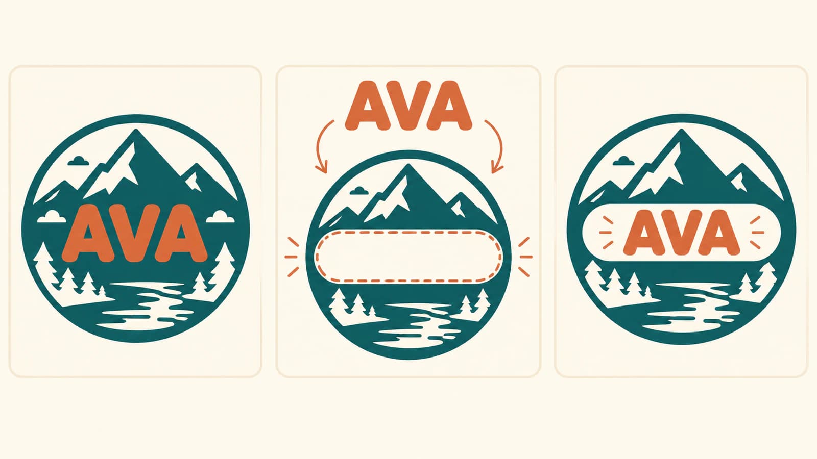 Conceptual badge and retained name arrangements showing a planned clearance region and separate design parts