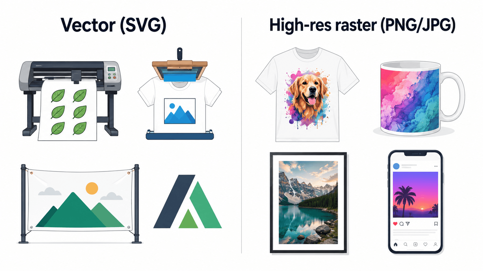 Two-column chart showing which products need a vector (cutting, screen print, signage, logos) versus which are fine as a high-resolution raster (DTG apparel, sublimation, posters, social)