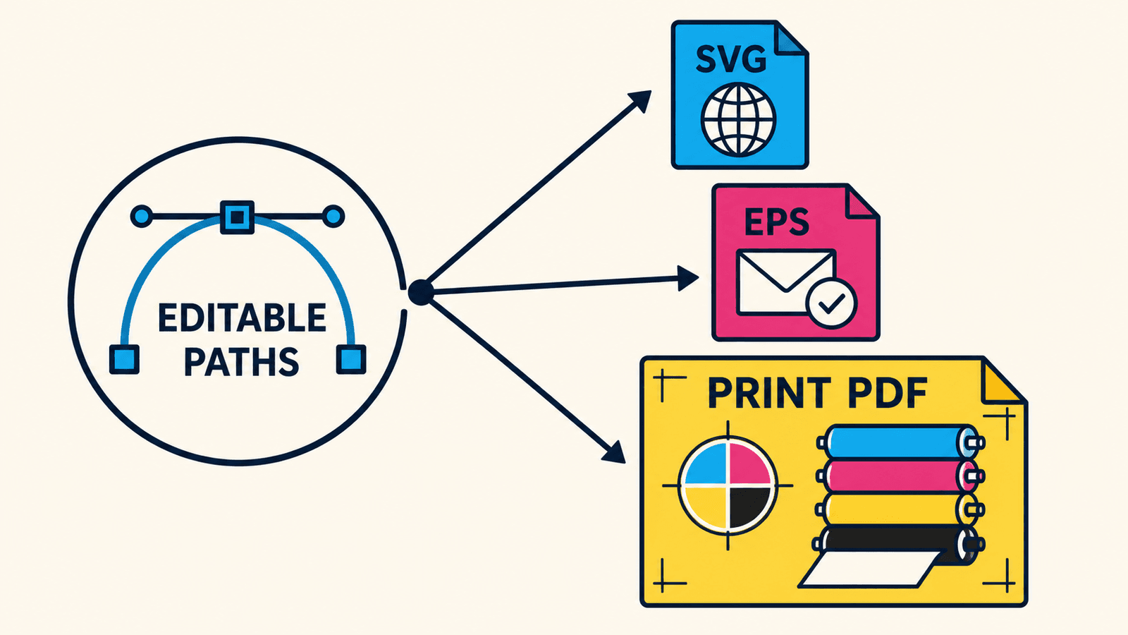 Conceptual printer handoff matrix routing editable vector paths to SVG, requested EPS, or a print PDF