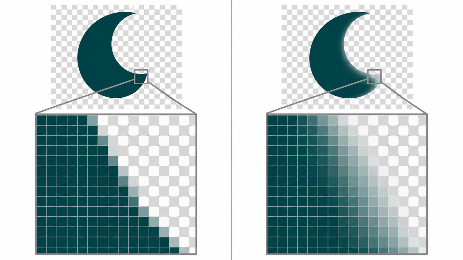 Illustration comparing a narrow fringe of partially transparent edge pixels with a broad intentional fade in the same motif