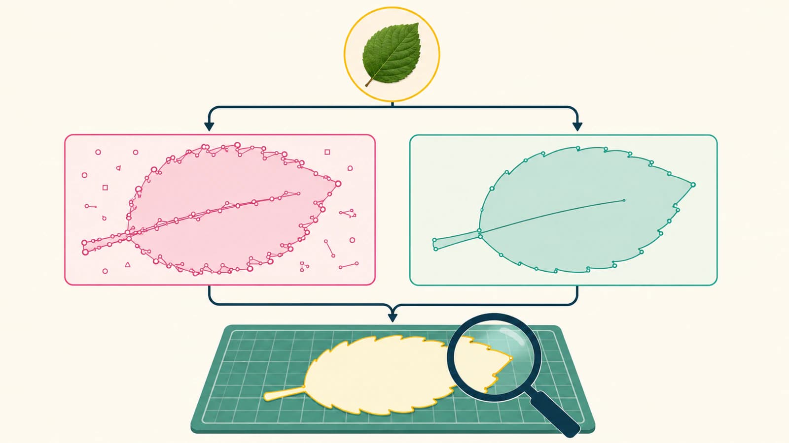 Conceptual comparison of a native Easy Cut Studio trace and an imported clean SVG before the same cutter-path audit