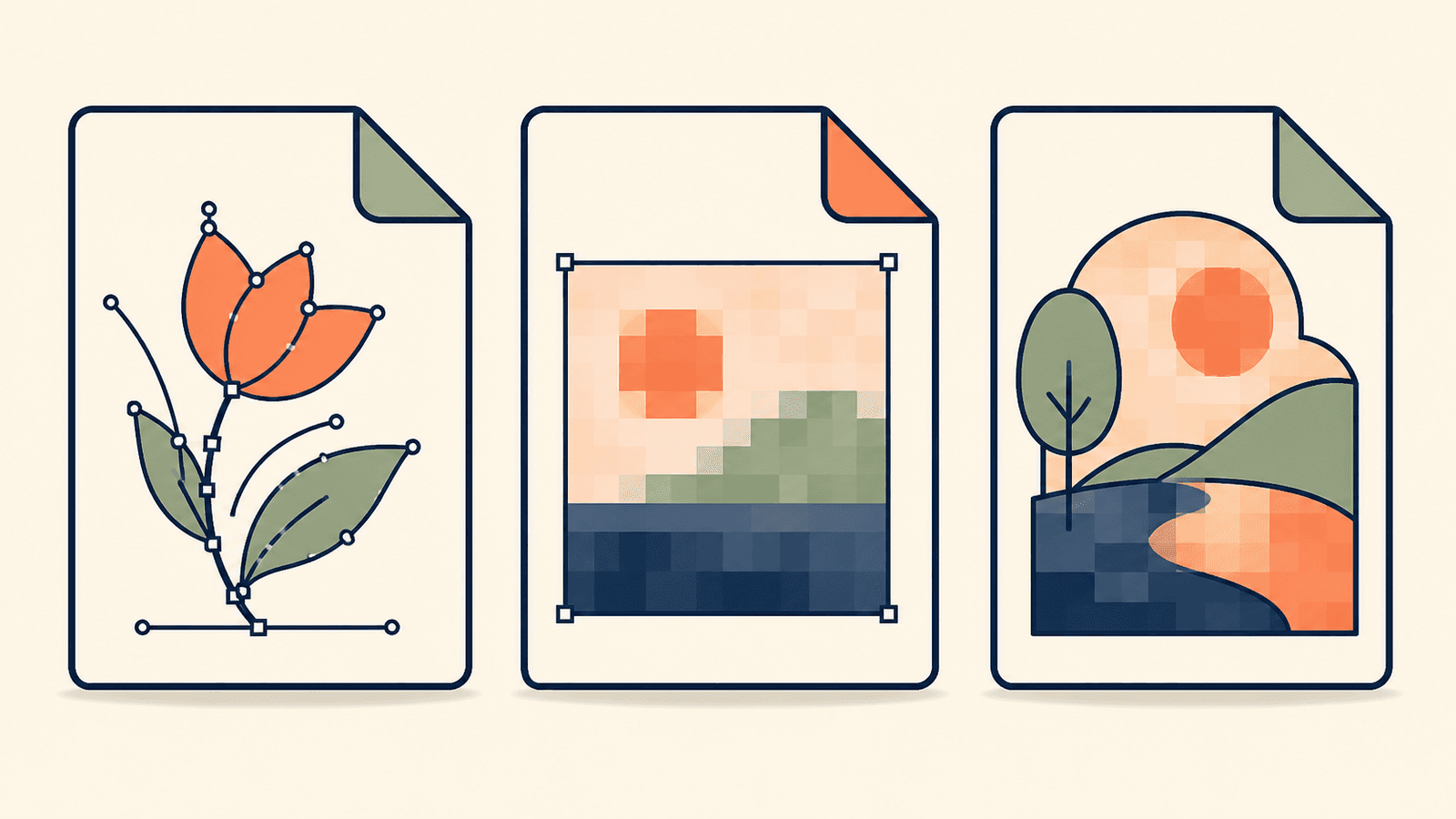 Three EPS document illustrations showing editable anchor-point paths, a framed pixel image, and a file that mixes vector shapes with pixel content