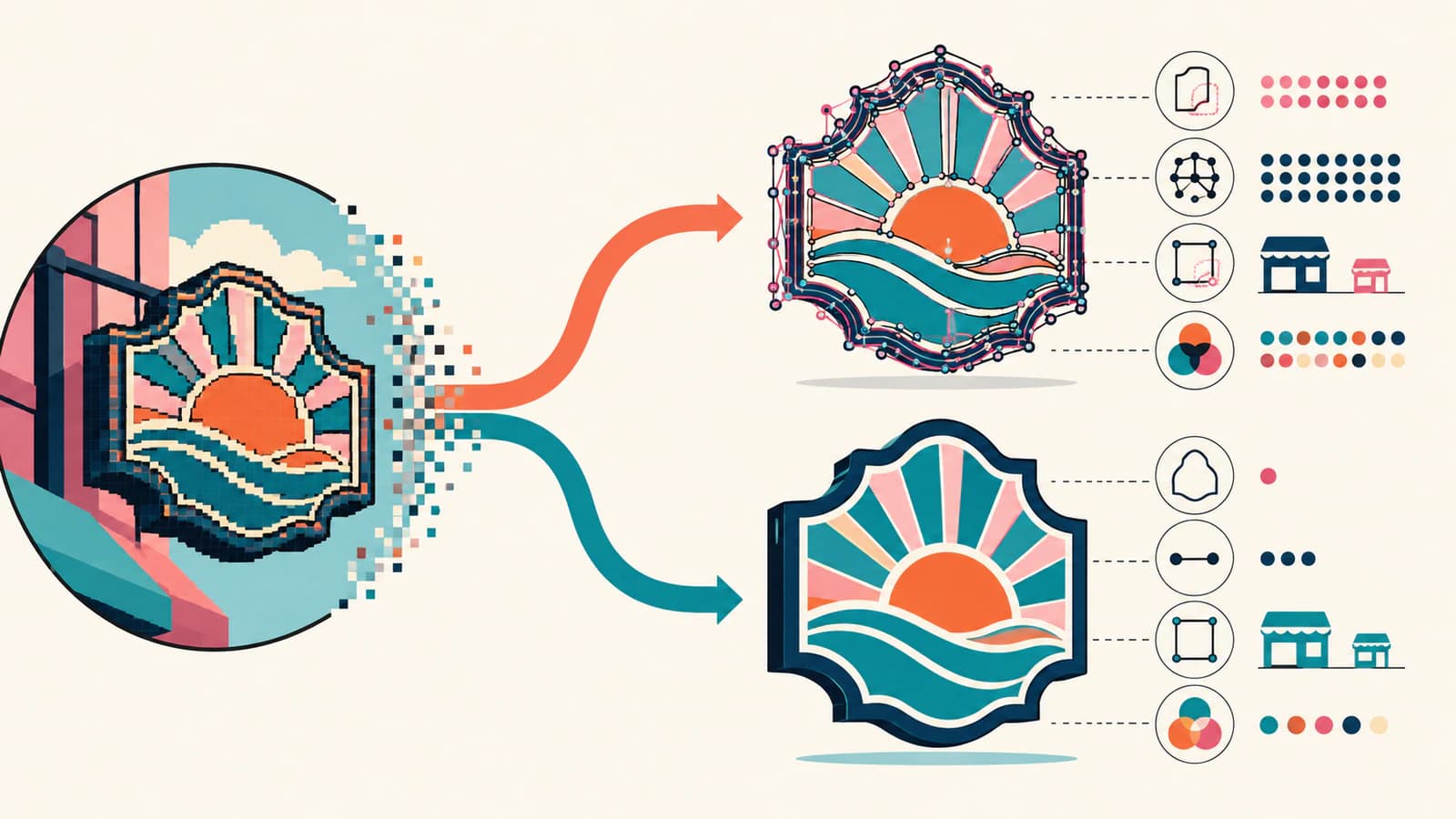 Conceptual illustration inspecting node placement, curved edges, color boundaries, and counters in a traced logo
