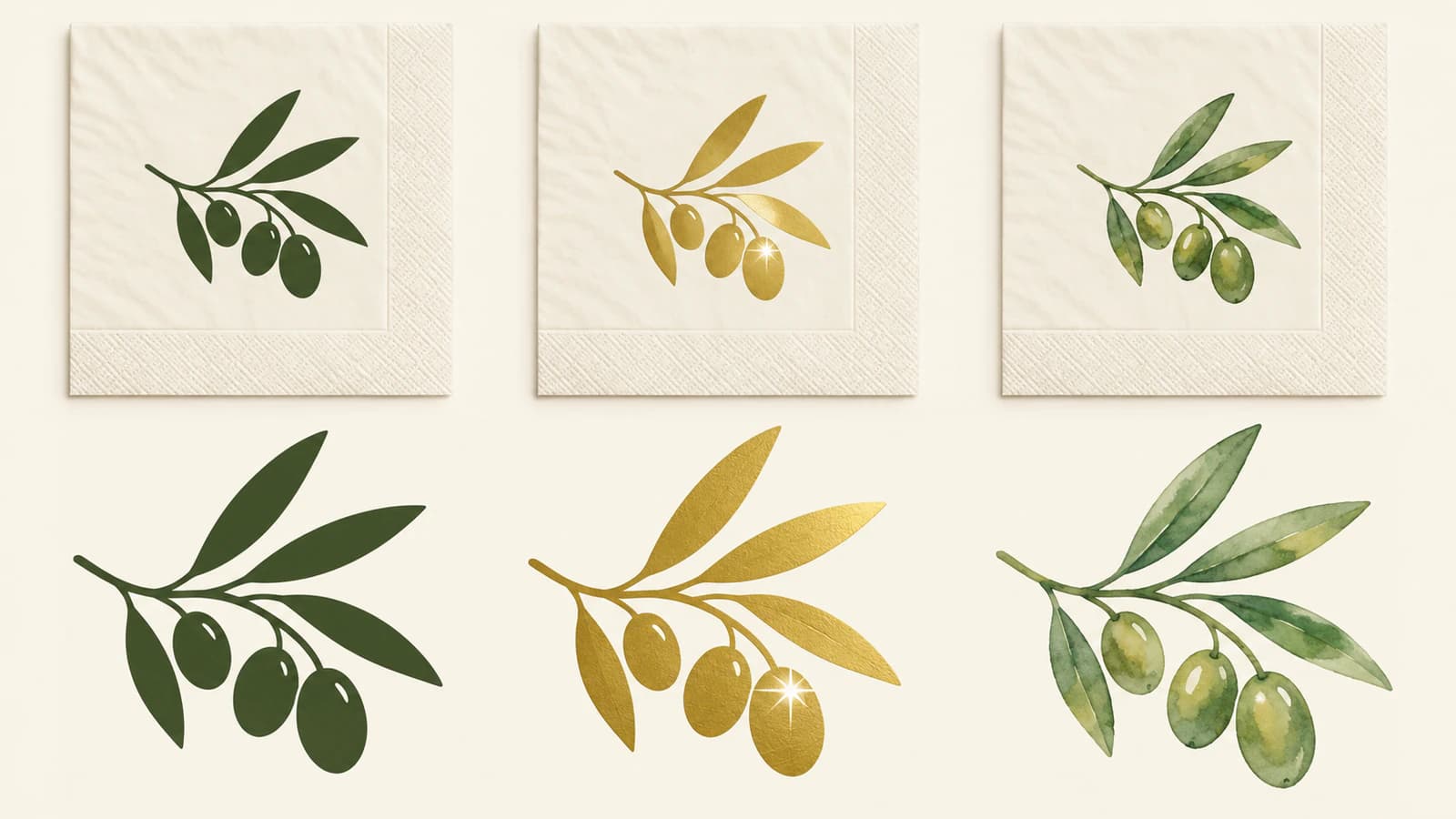 Illustration of one botanical motif as solid ink artwork, a gold foil concept, and a full-color watercolor concept.