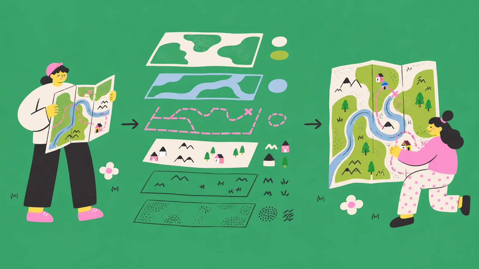 Conceptual illustration showing a photographed hand-drawn map separated into editable regions, routes, lettering, symbols, and selected texture