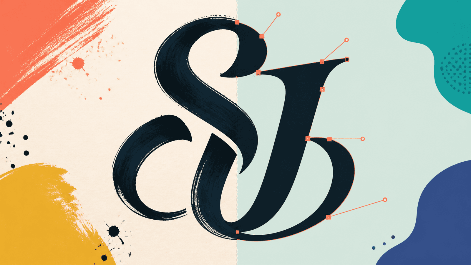 Conceptual illustration of a textured hand-lettered monogram changing into smooth vector shapes with visible anchor points while its counters and terminals remain intact