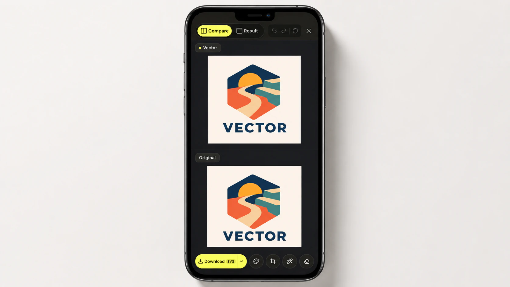 An iPhone in Safari showing the PerfectVector converter with an uploaded drawing traced into an SVG, ready to download
