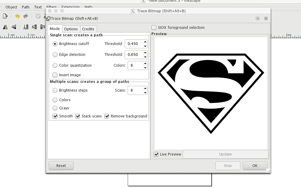 Der Inkscape Trace Bitmap-Dialog mit Single Scan im Modus Brightness Cutoff, dem Schwellenwert-Regler und der Live-Vorschau