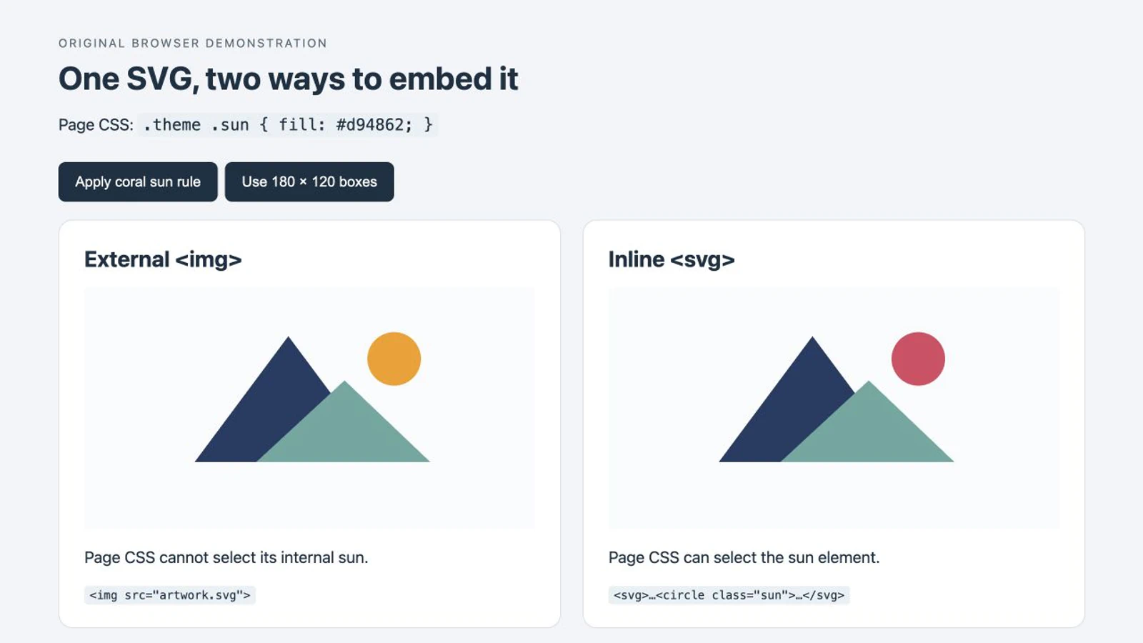 Browser comparison showing an amber sun in the external SVG image and a coral sun in the inline SVG after the same page CSS rule