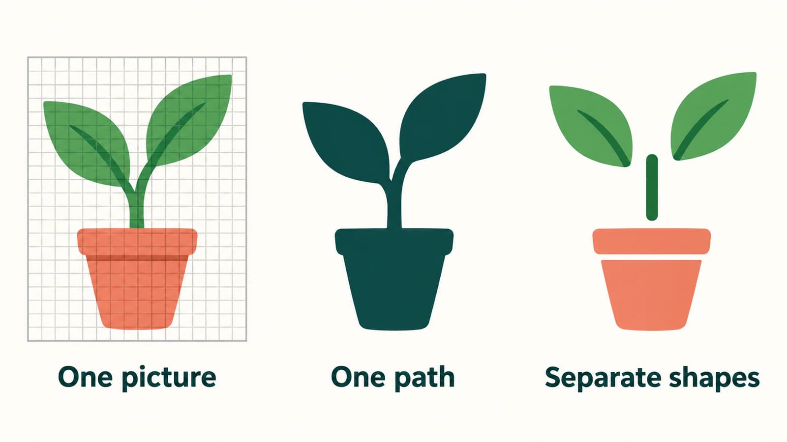 Illustration of a potted plant as one picture, one continuous path, and separate editable shapes.